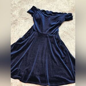 B Darlin Dark Blue Off-Shoulder Velvet Dress